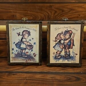Pair Of Vintage Hummel Style Framed Art Prints "Evans" Boy & Girl 7.5" x 9.5"